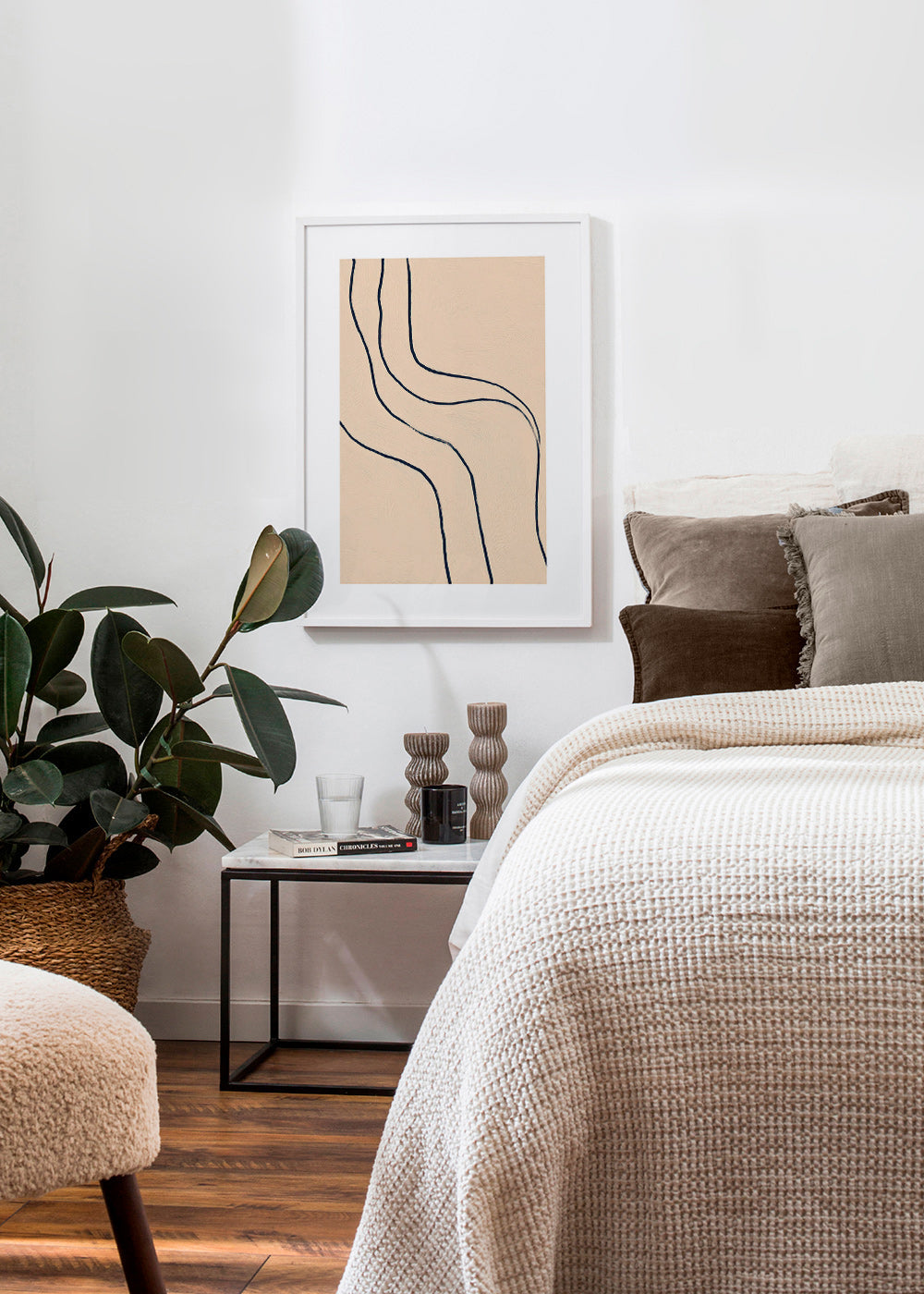 Minimalist art with flowing lines on beige