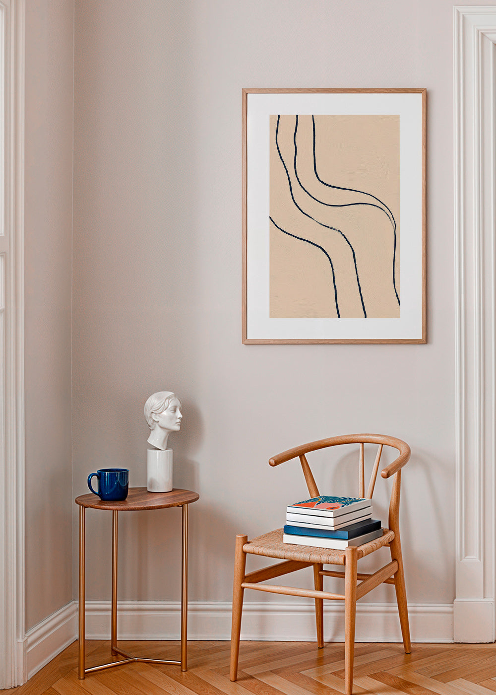 Minimalist art with flowing lines on beige