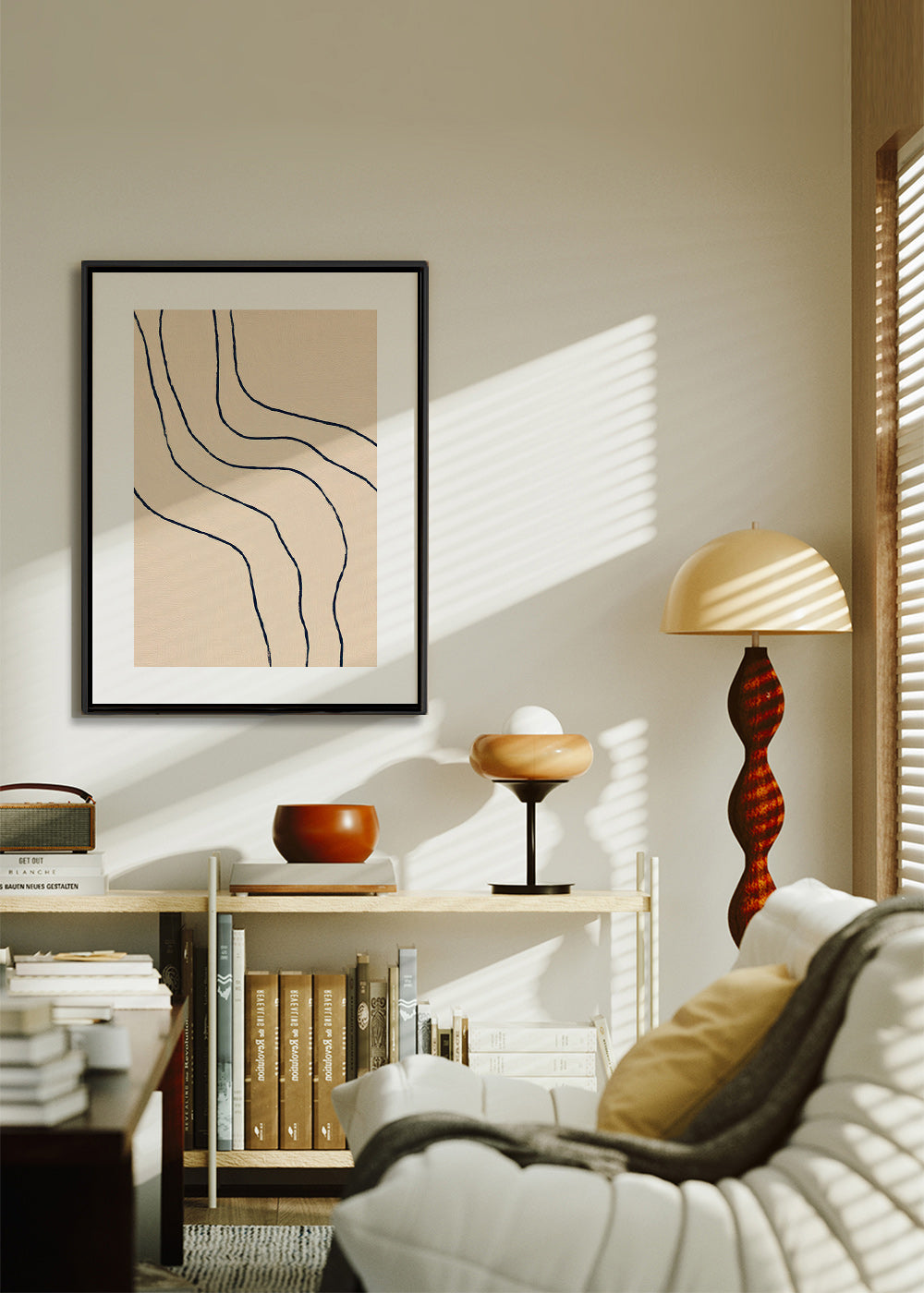 Minimalist art with organic lines in beige