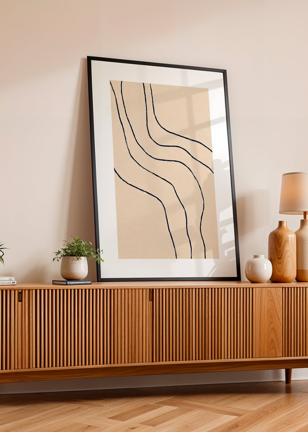 Minimalist art with organic lines in beige