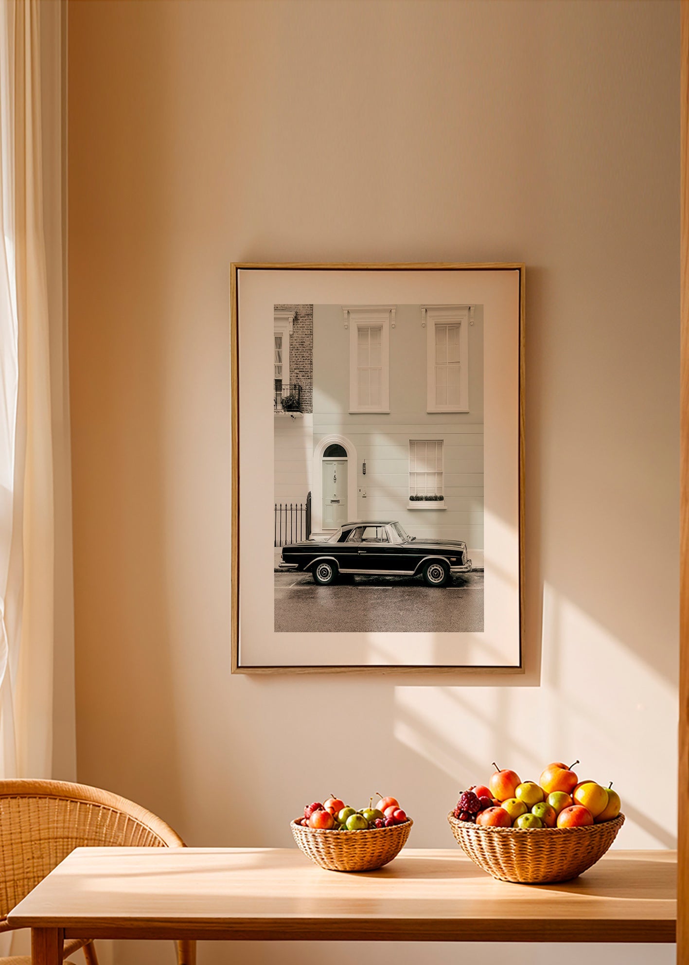 Vintage print classic car by a city facade