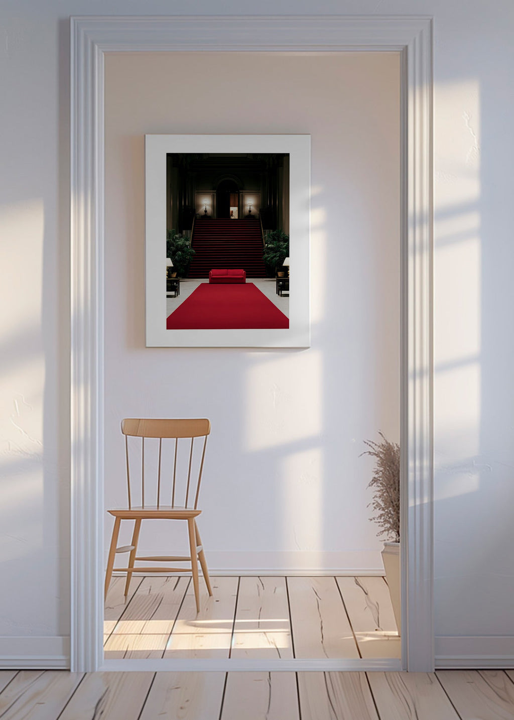 Staircase photograph with red carpet
