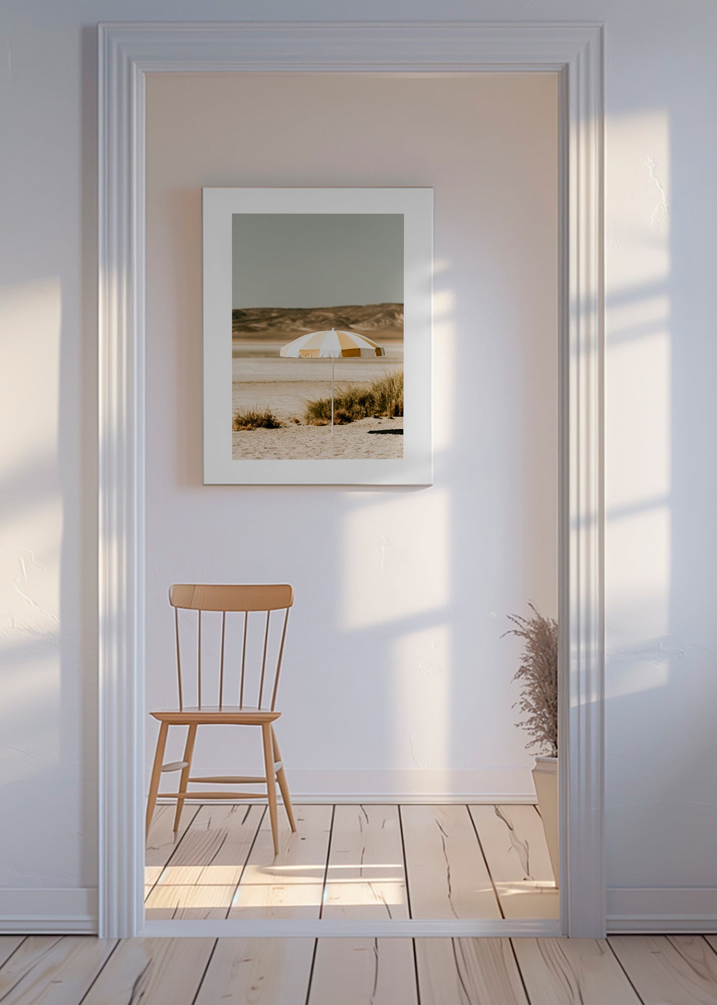 Landscape art with striped beach umbrella
