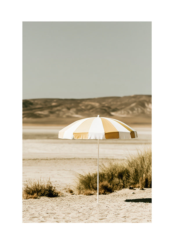 Landscape art with striped beach umbrella