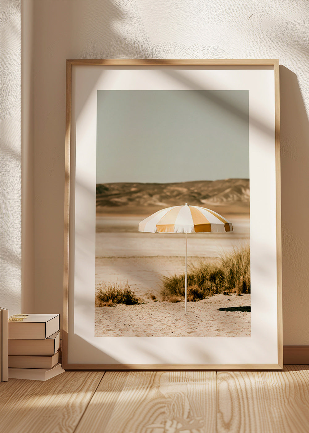 Landscape art with striped beach umbrella