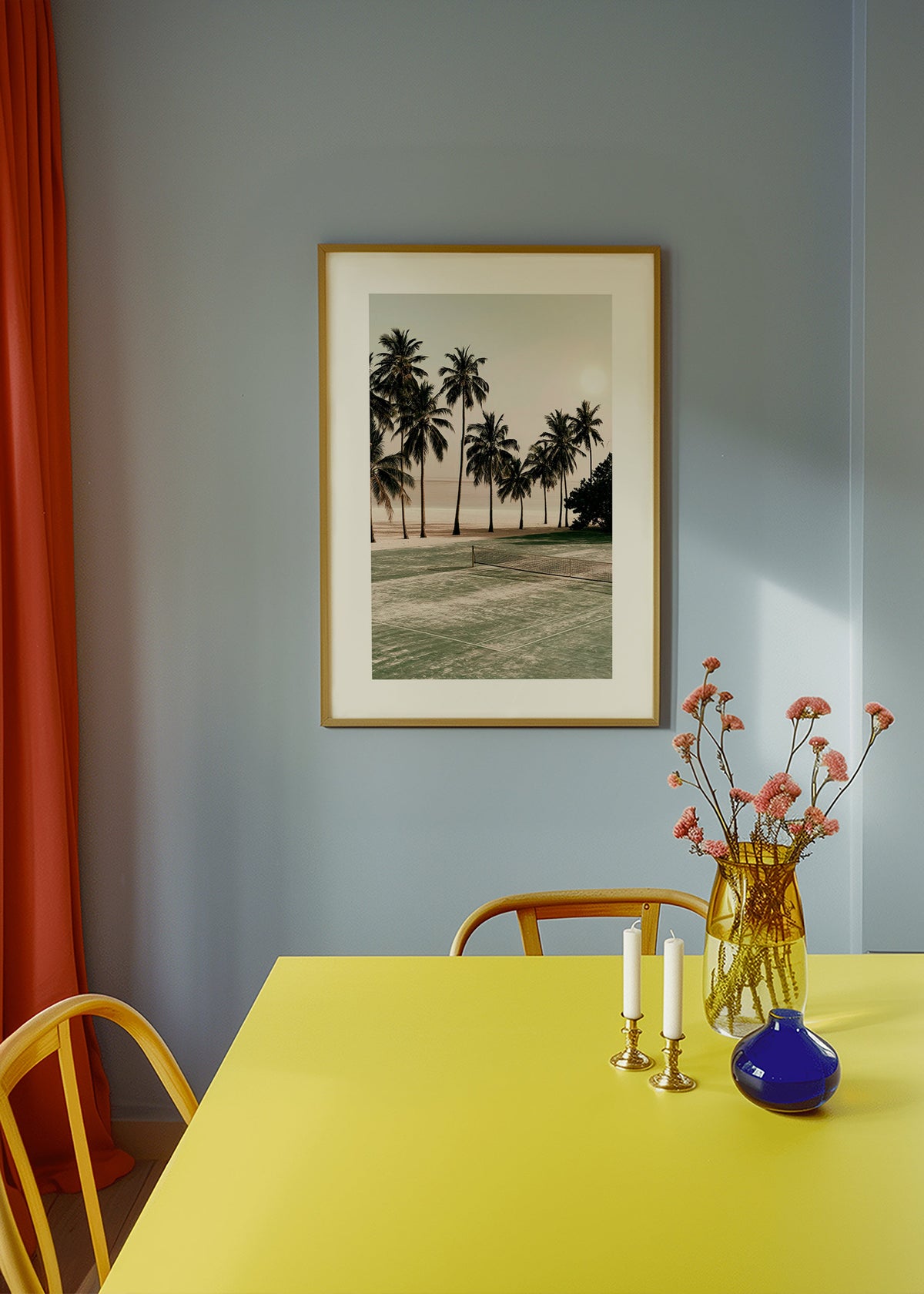 Landscape art with palms and a tennis court