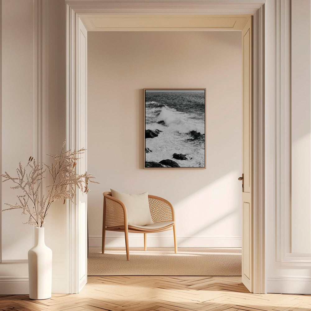 Landscape art of crashing waves in high-contrast black and white