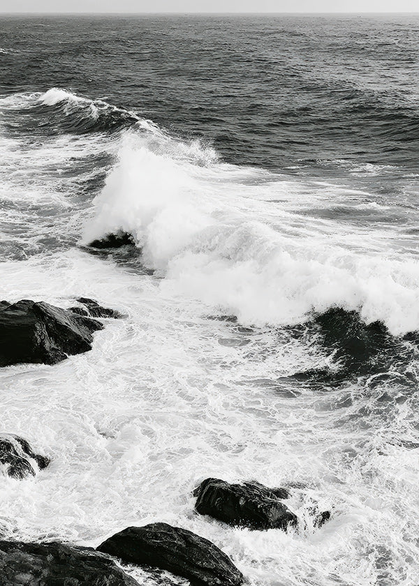 Landscape art of crashing waves in high-contrast black and white