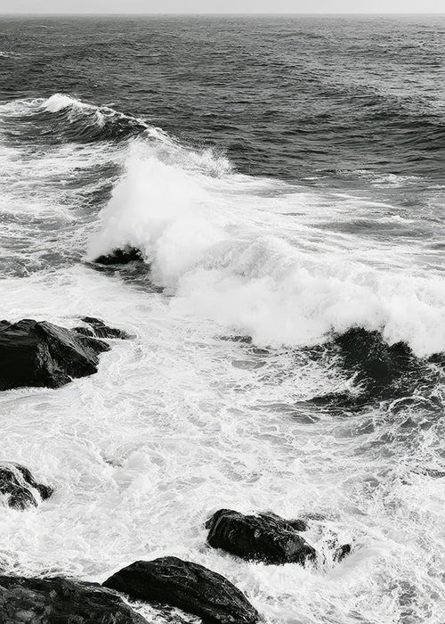 Landscape art of crashing waves in high-contrast black and white