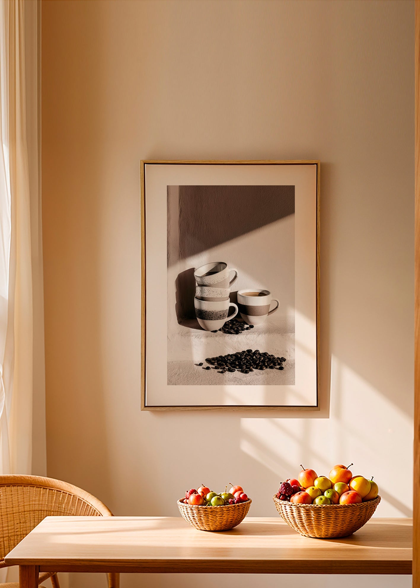 Kitchen art: stacked mugs with coffee beans