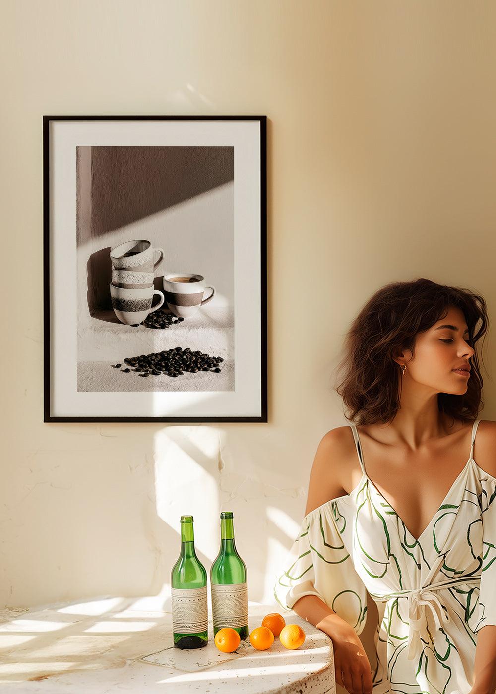 Kitchen art: stacked mugs with coffee beans