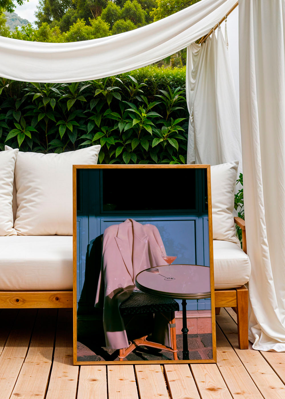 Photograph pink jacket and cocktail on terrace