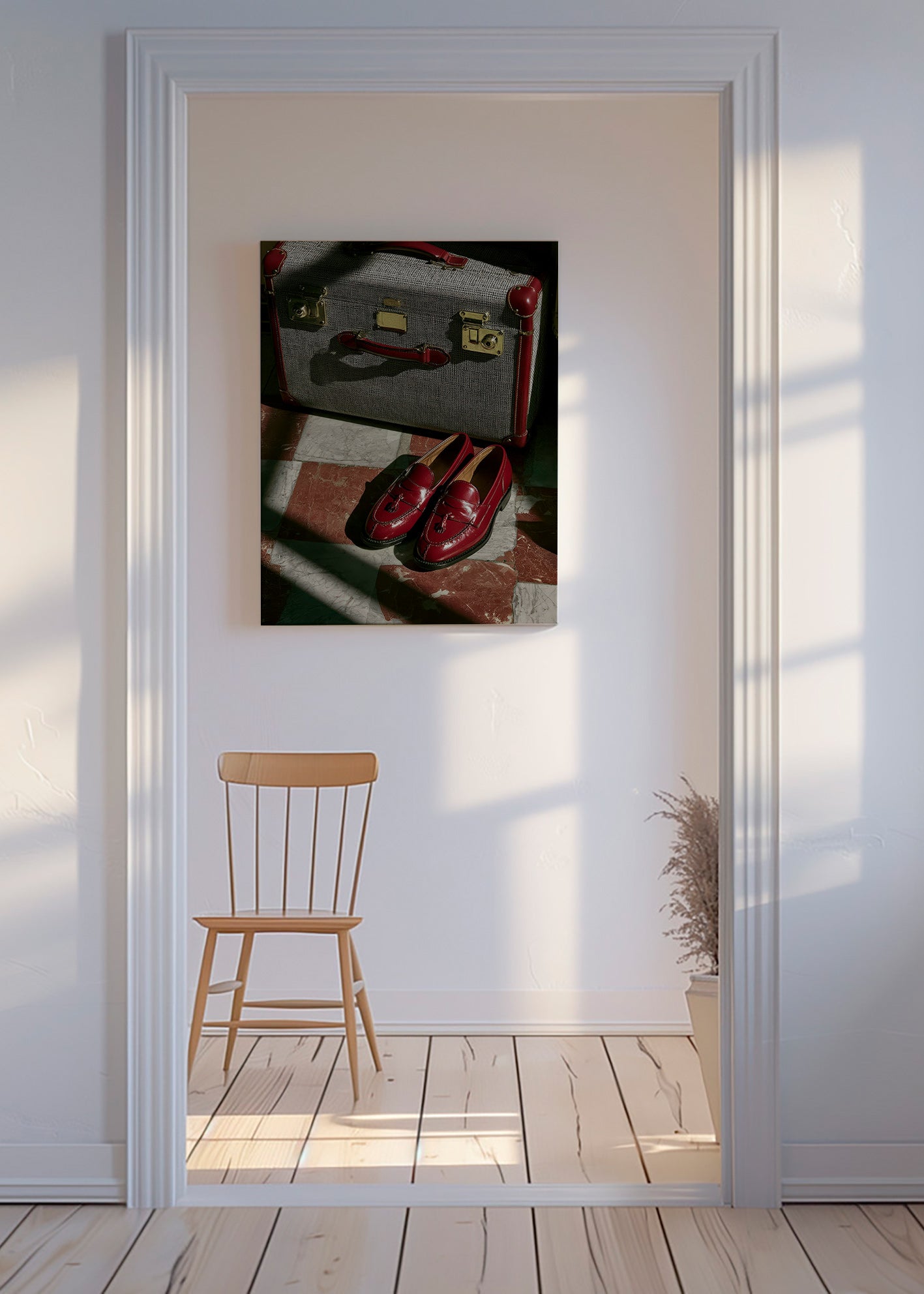 Travel photograph with vintage suitcase and red loafers