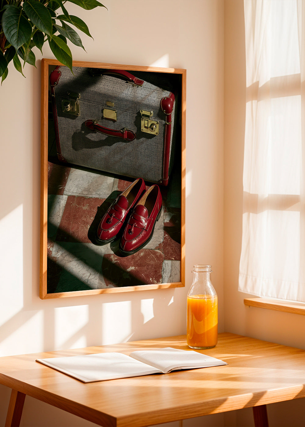Travel photograph with vintage suitcase and red loafers