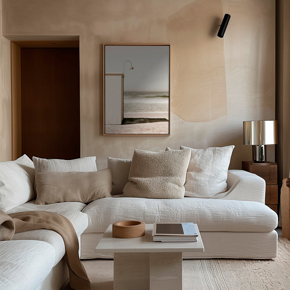 Cuadro de paisaje con playa y farol minimalista – Canvas1