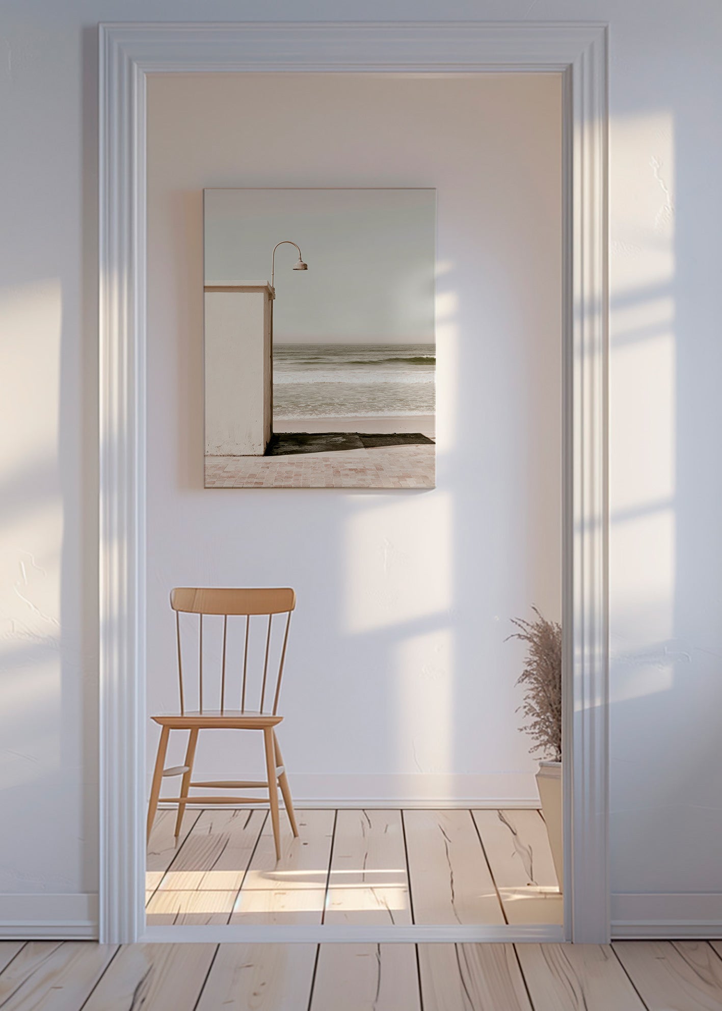 Cuadro de paisaje con playa y farol minimalista – Canvas