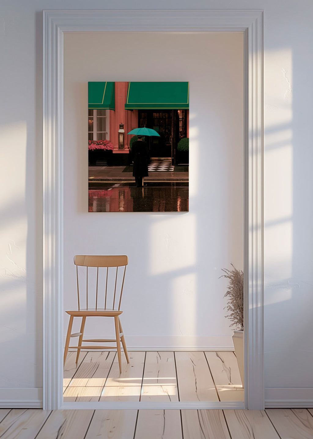 Cuadro de ciudades: figura bajo paraguas y reflejos – Canvas