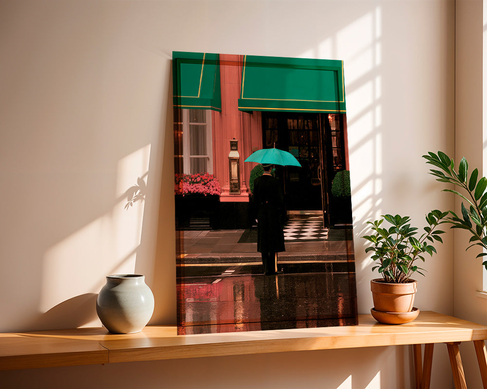 Cuadro de ciudades: figura bajo paraguas y reflejos – Product3