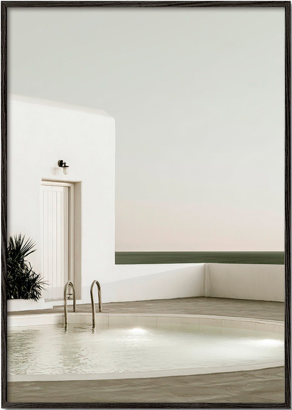 Photograph of a minimalist pool and white architecture
