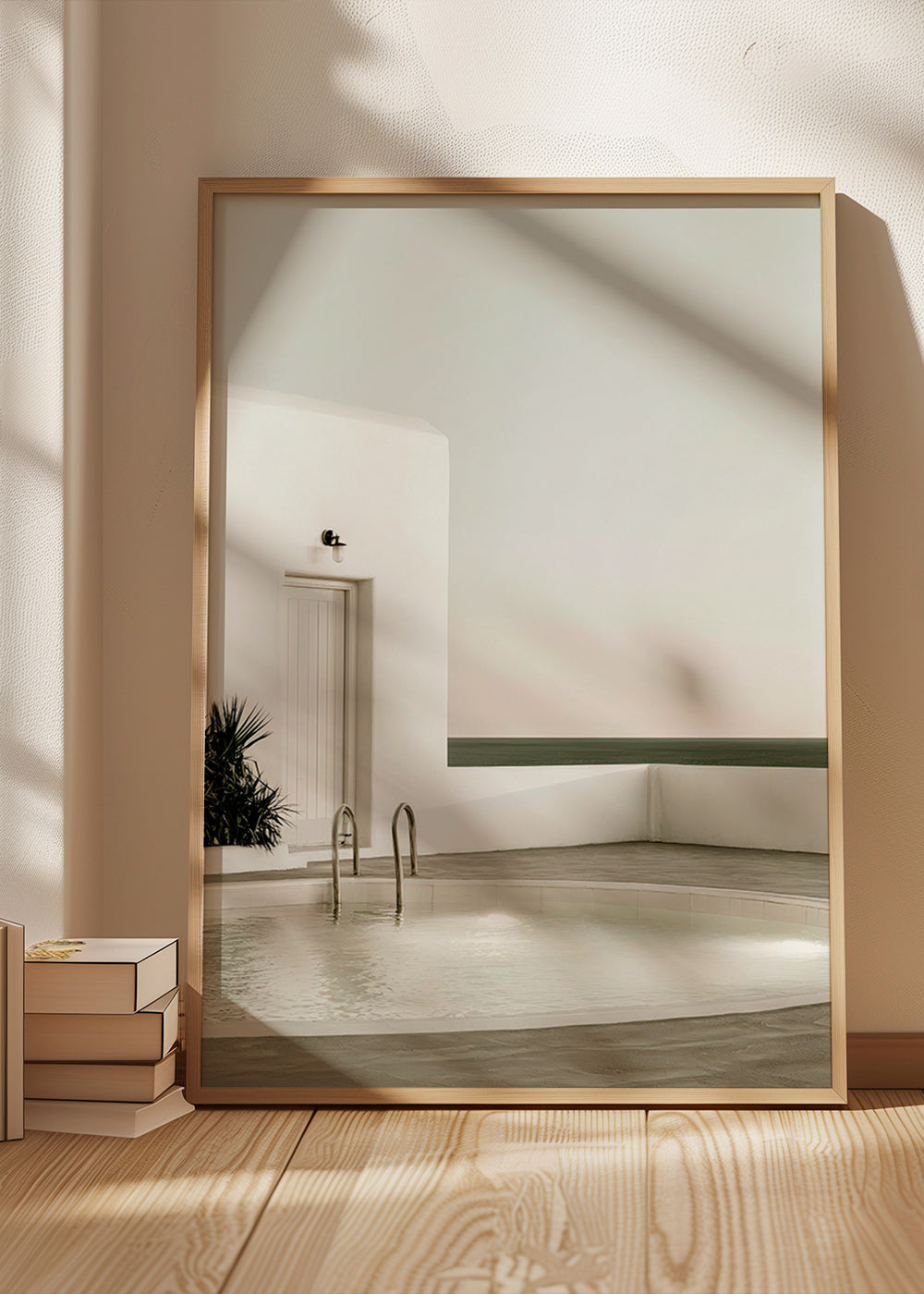 Photograph of a minimalist pool and white architecture