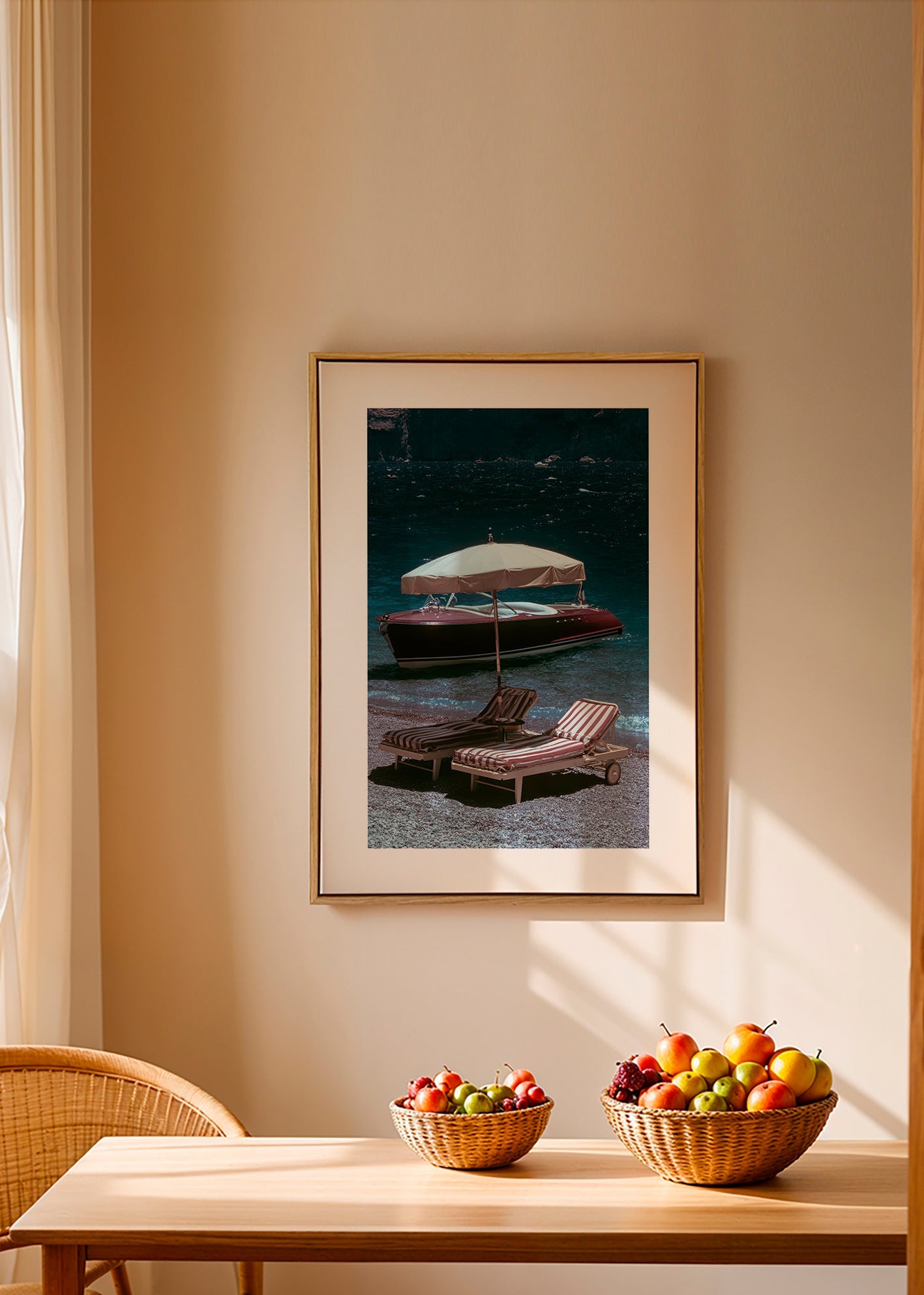 Cuadro de paisaje con barco clásico y hamacas en la orilla – Canvas2