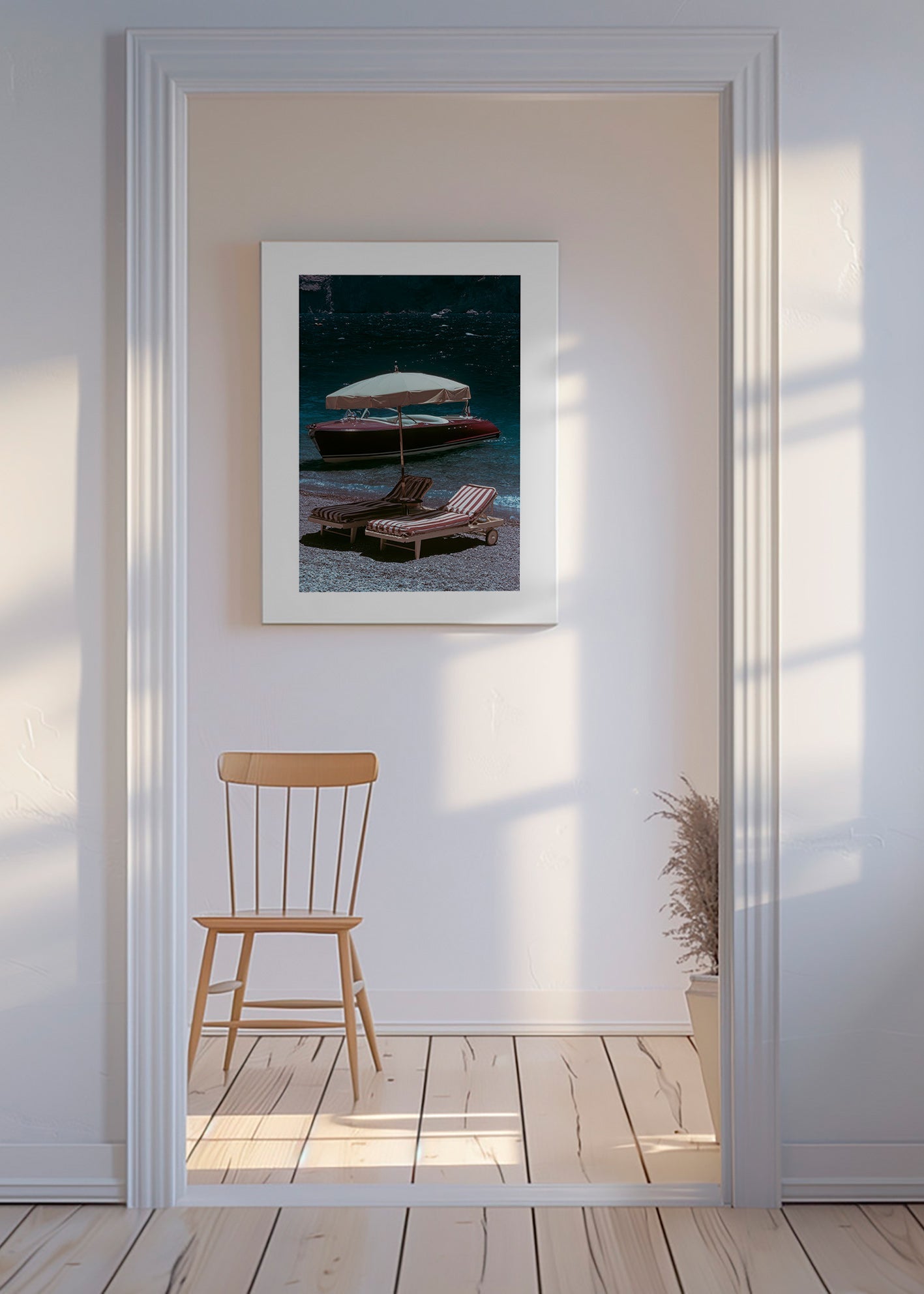 Cuadro de paisaje con barco clásico y hamacas en la orilla – Canvas