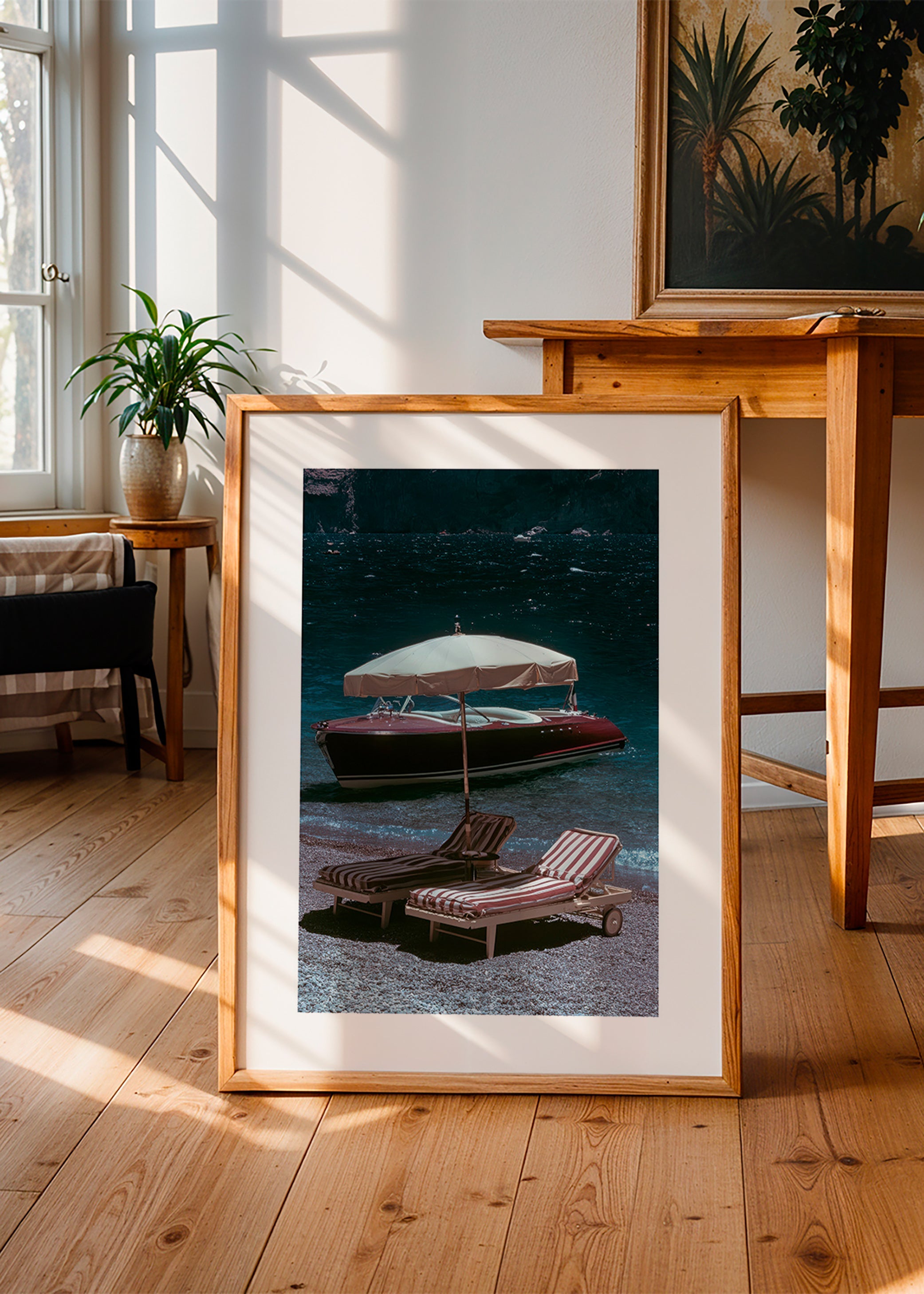 Cuadro de paisaje con barco clásico y hamacas en la orilla – Product1