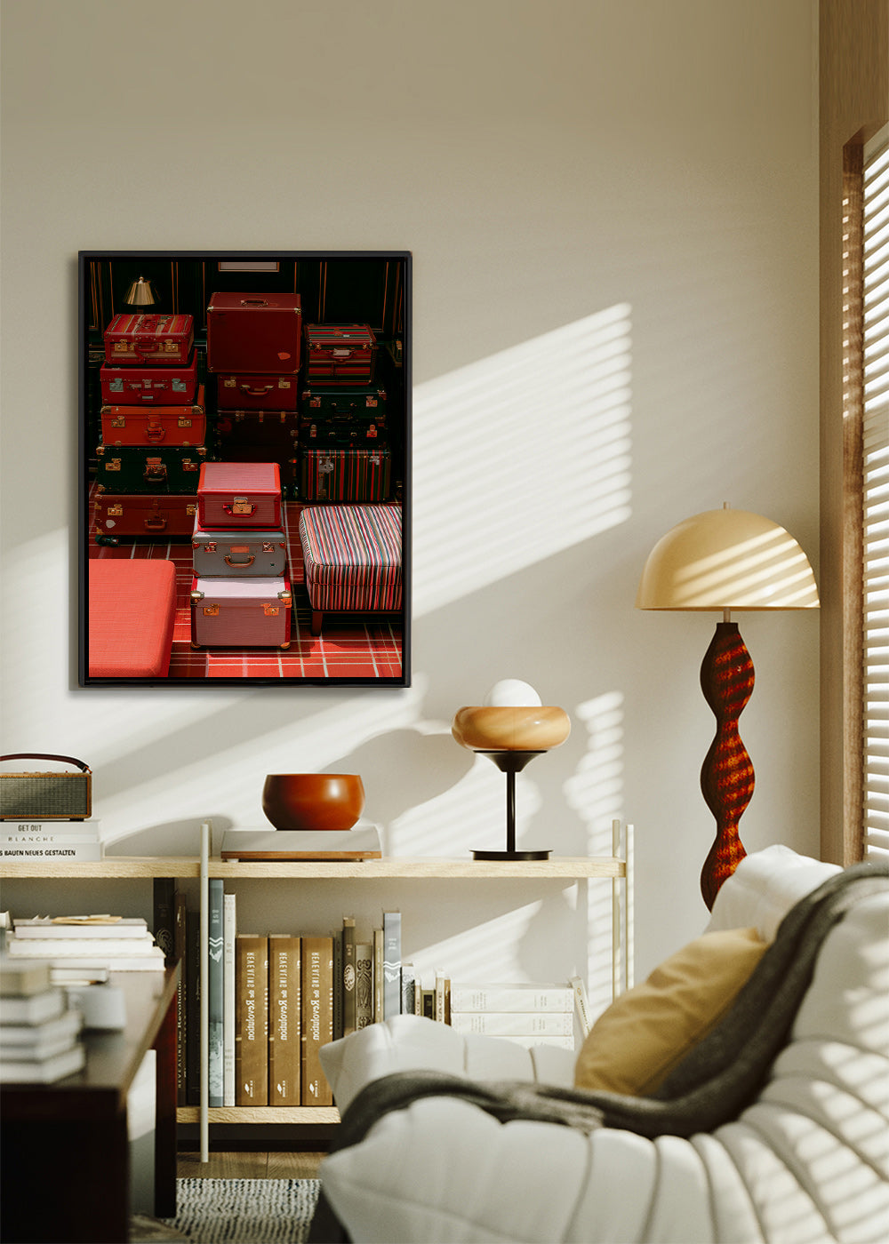 Cuadro de ciudades con maletas rojas apiladas – Canvas2