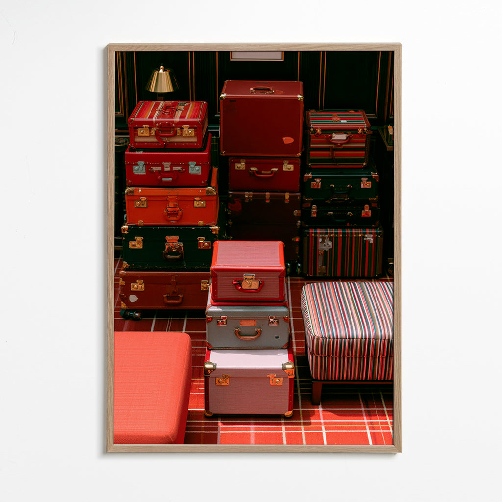 Cuadro de ciudades con maletas rojas apiladas – Oak Frame