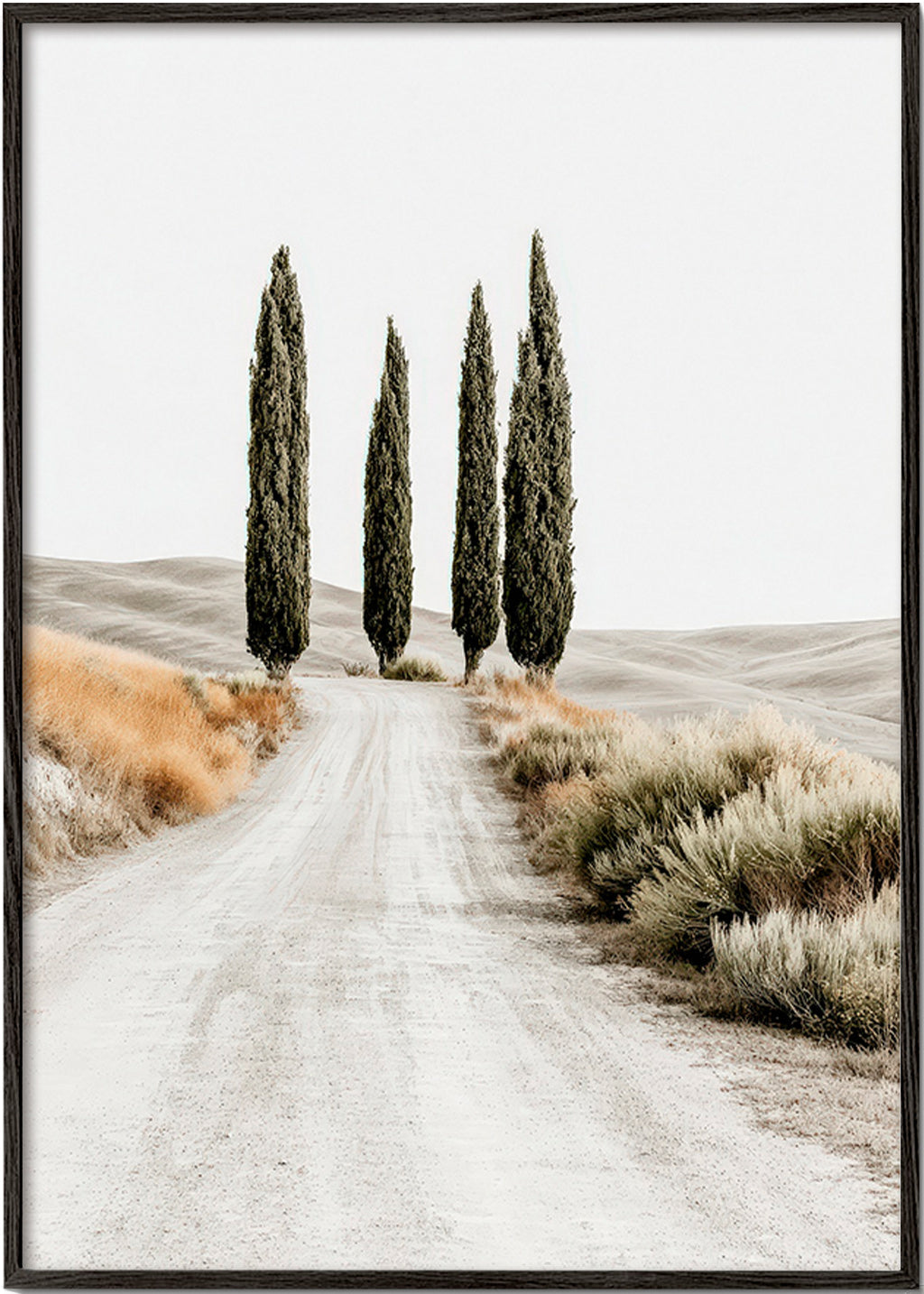 Cuadro de paisaje con cipreses en camino sereno – Black Frame