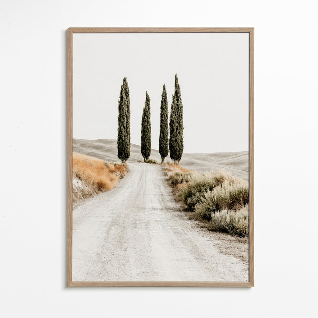 Cuadro de paisaje con cipreses en camino sereno – Oak Frame