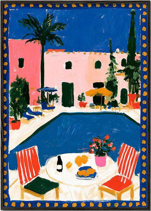 Cuadro de ciudades: villa rosa con piscina – Black Frame