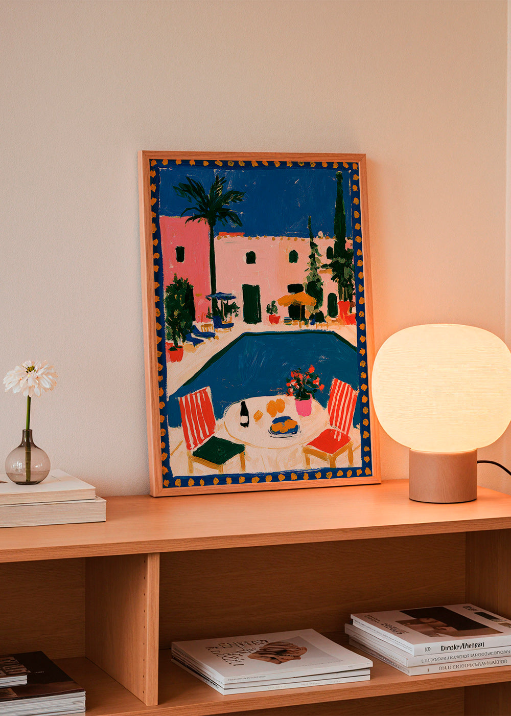 Travel poster: pink villa with pool