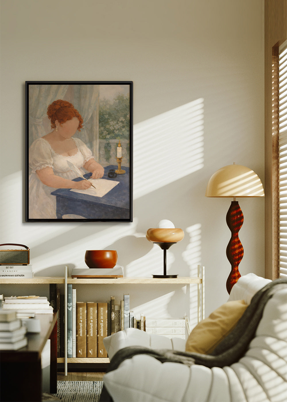 Illustration of a lady writing by candlelight